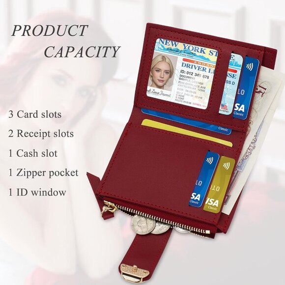 Women’s Faux Leather Wallet Compact Bifold Card Holder with Zipper Red - Picture 3 of 6